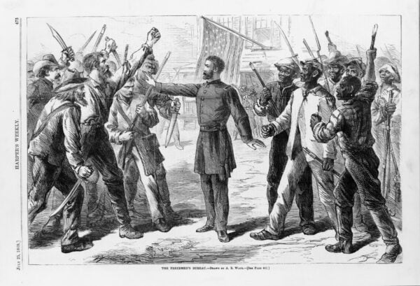 Ink illustration of the A Freedman Bureau's agent standing between a group of whites and a group of freedmen in Harper's Weekly, July 25, 1868.